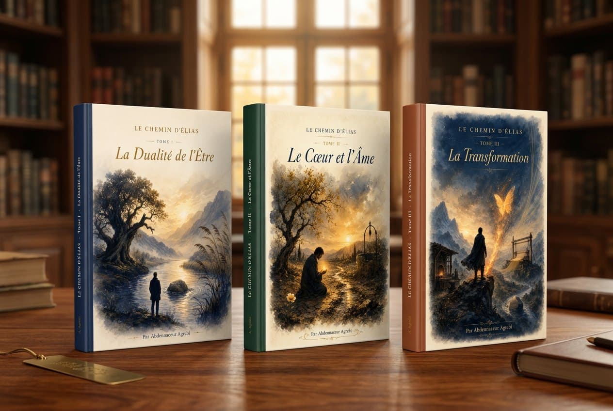 Les trois tomes de la trilogie « Le Chemin d'Élias » côte à côte