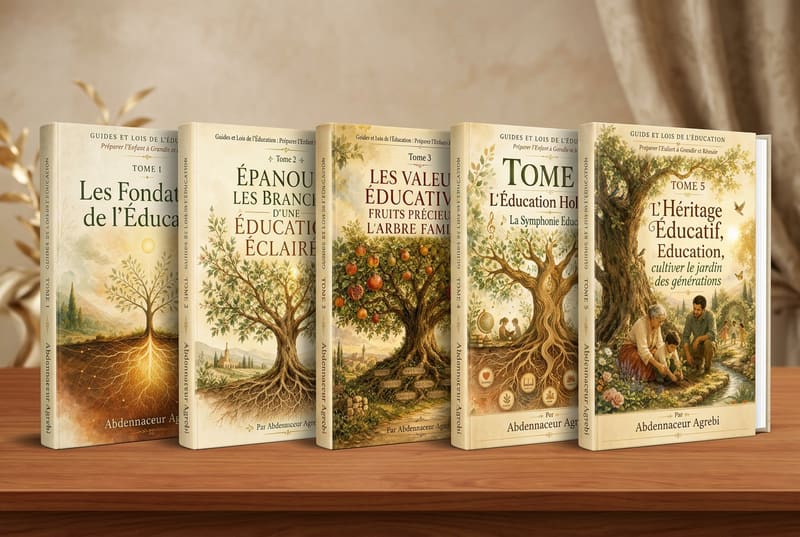 Les 5 tomes de la collection Guides et Lois de l'Éducation posés sur une table
