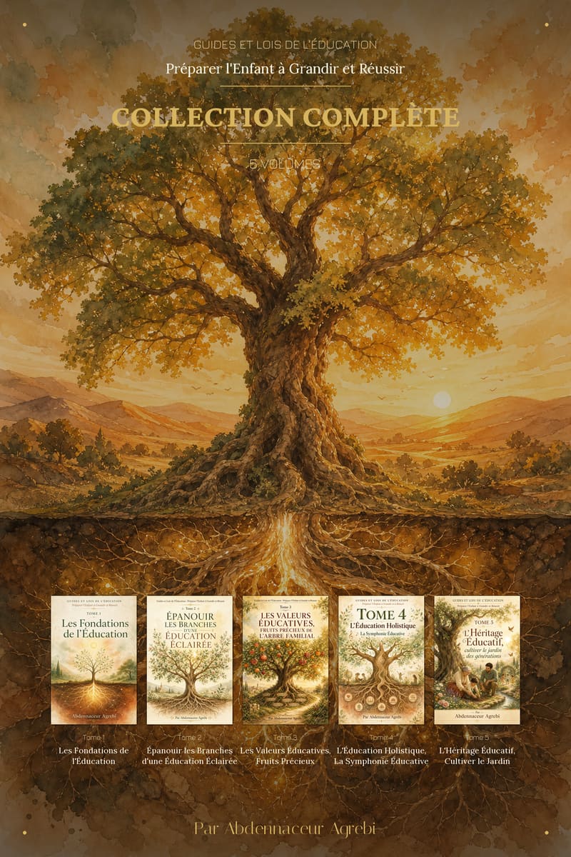 Affiche officielle de la collection Guides et Lois de l'Éducation : arbre éducatif et 5 couvertures de tomes