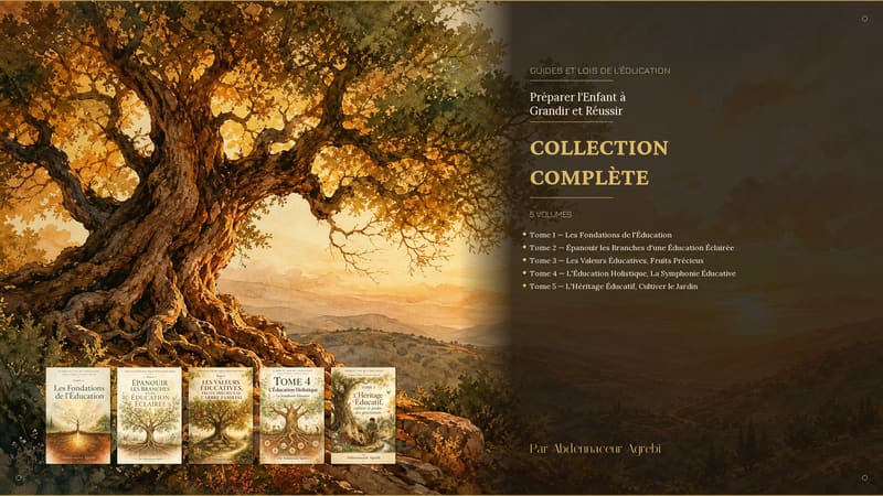 Affiche de la collection : grand arbre éducatif, paysage de montagnes et titres des 5 tomes